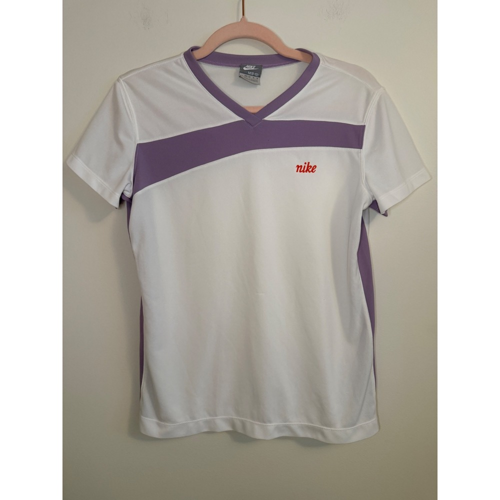 Nike Womens V-Neck Athletic T-Shirt White Purple Colorblock Logo Size M